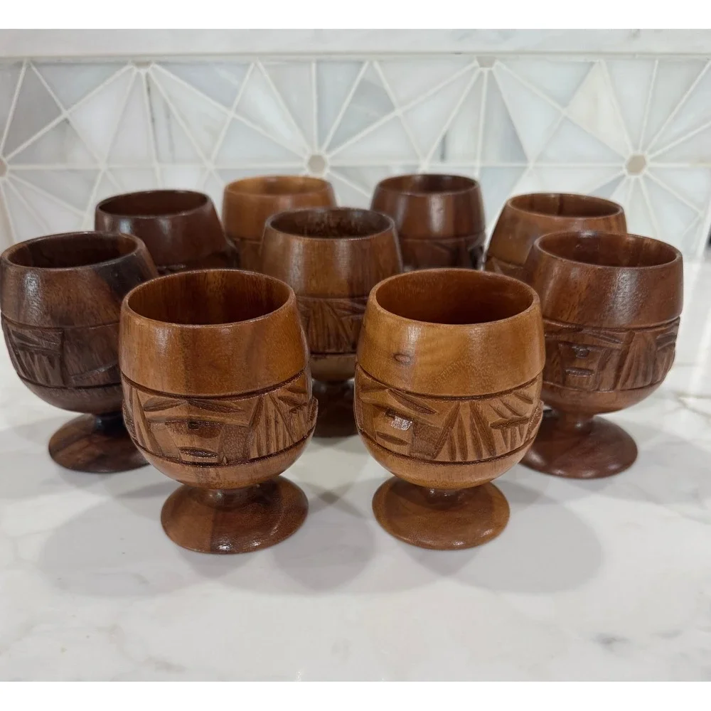 Tiki Cups Handcarved Monkeywood Set of 9